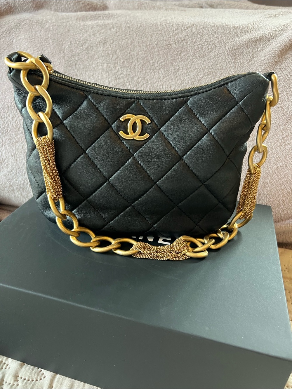 CHANEL Black Quilted Shoulder Hobo with Gold Chain and CC Emblem